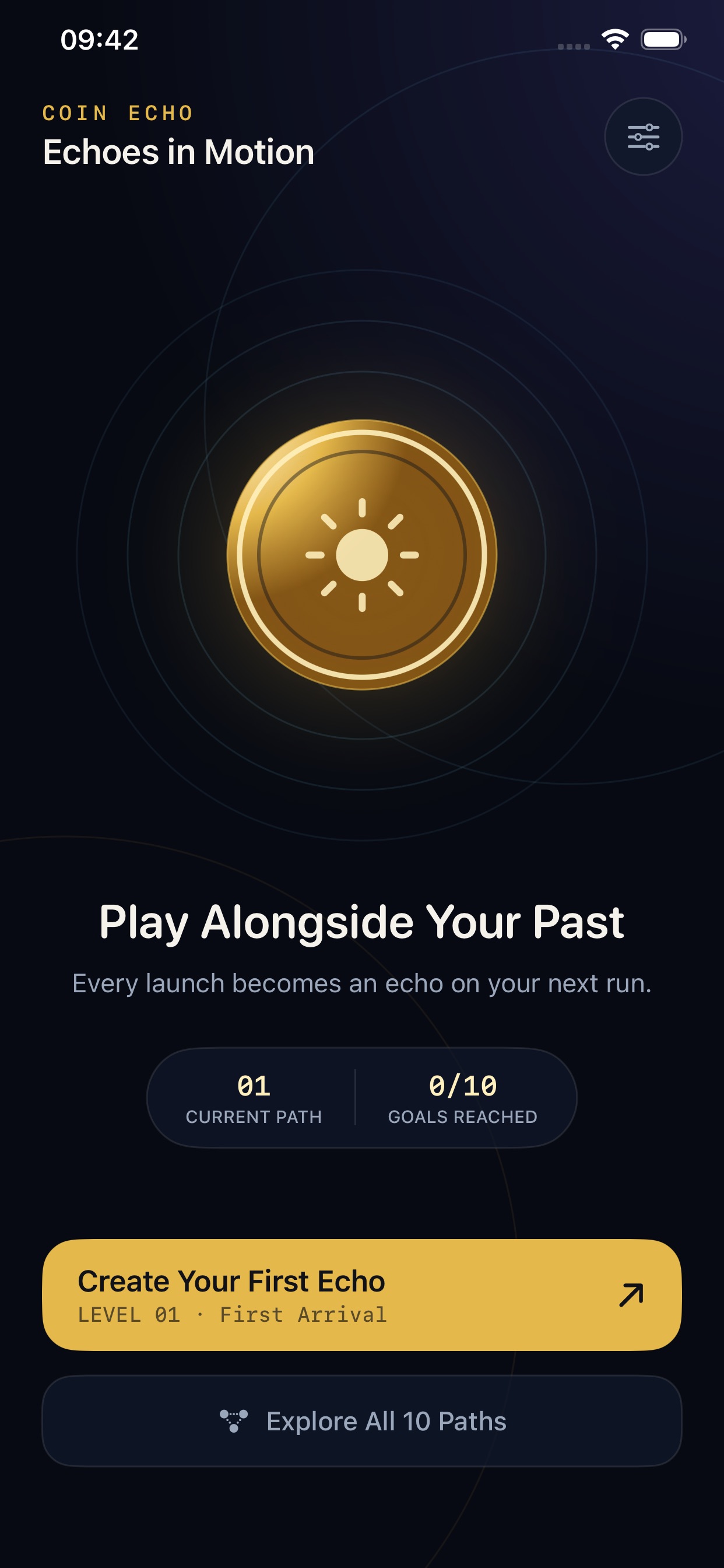 CoinEcho title screen showing the gold coin and the line “Play Alongside Your Past”