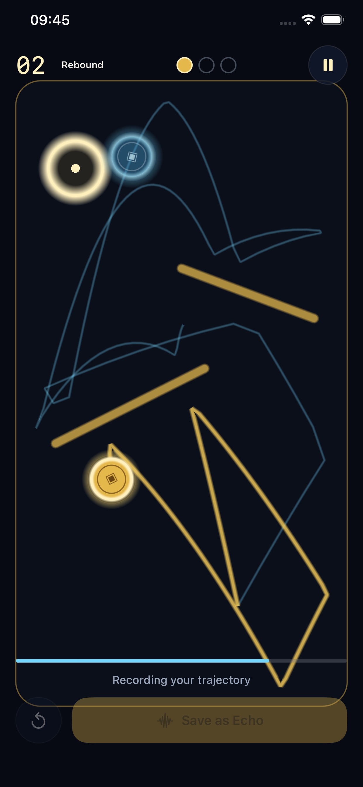 Level 02 Rebound, showing a gold coin trail and a blue echo trail crossing angled rails