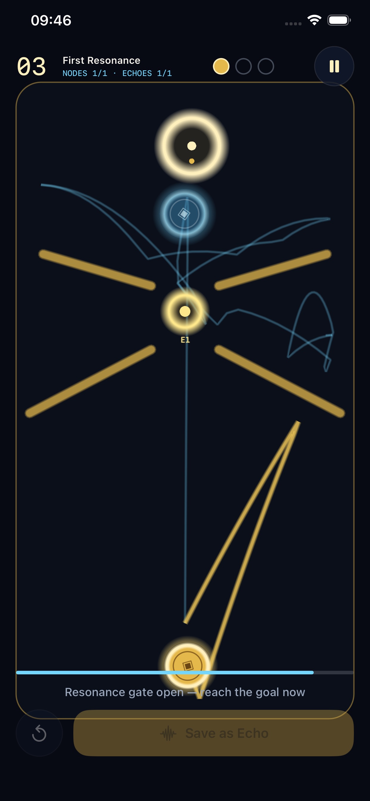 Level 03 First Resonance, with an echo passing through a glowing resonance node